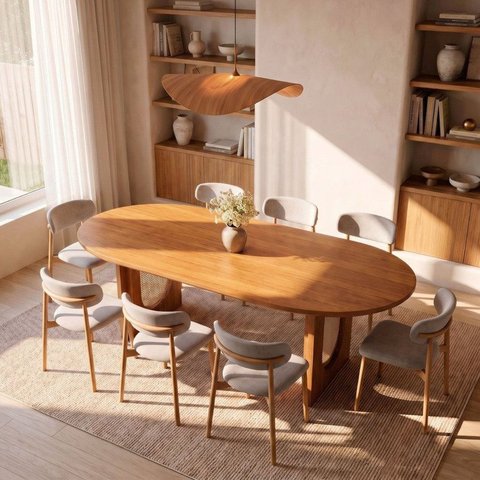 Conjunto Jantar 1 Mesa Oval Tali 210cm e 8 Cadeiras Ema CabeCasa MadeiraOriginals Marrom/Prata