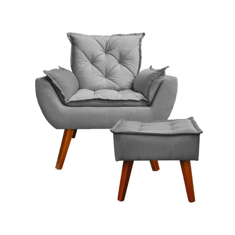 Poltrona com Puff Decorativo Opala Linho Cinza - Kasa Sofá