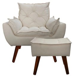 Poltrona com Puff Decorativo Opala Linho Bege - Kasa Sofá - 1