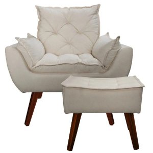 Poltrona com Puff Decorativo Opala Linho Bege - Kasa Sofá