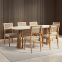 Ver imagem 1 de Mesa de Jantar Retangular 180cm com 6 Cadeiras 100% Mdf Cor:off White com Freijó e Courino Bege