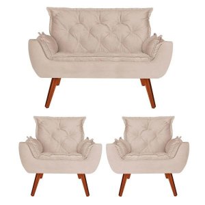 Conjunto Namoradeira e 2 Poltronas Opala Veludo Creme - Kasa Sofá