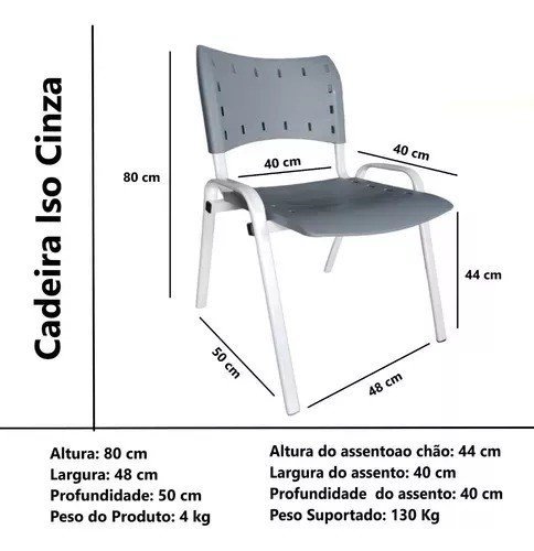 Kit Com 10 Cadeiras Iso Para Escola Escritório Comércio Cinza Base Branca - 4