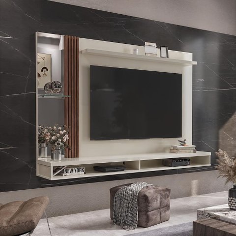 Painel Ripado Tv 55 Polegadas Suspenso com Espelho Dubai - Via Nossa - Off White e Naturale
