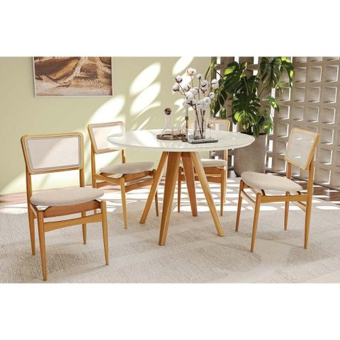 Conjunto Mesa Duna Premium Madeira Maciça C/ Tampo Madeirado C/ Vidro 120x120cm e 4 Cadeiras Stela