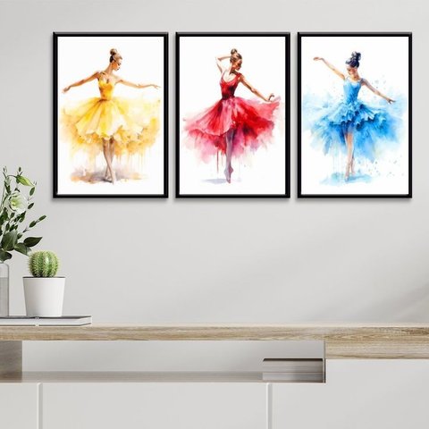 Kit 3 Quadros Decorativos Bailarinas Coloridas 45x34cm:moldura Branca