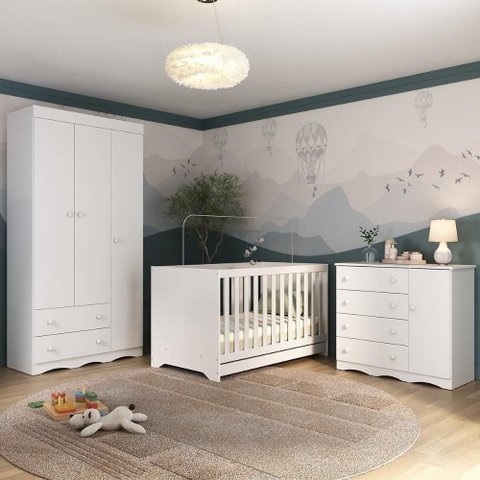 Quarto de Bebê Completo com Berço Americano 3 em 1 Realeza Multimóveis Mp4591 Branco