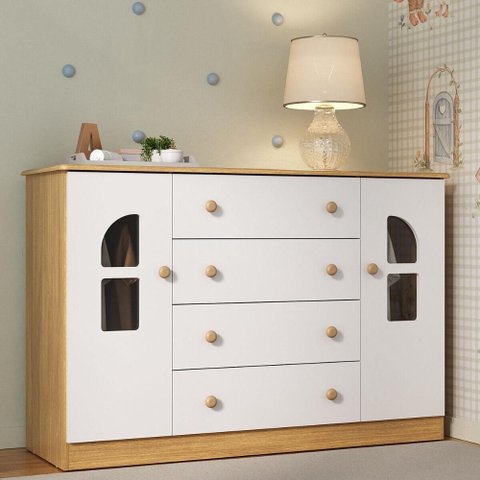 Cômoda Infantil 125cm 2 Portas com Vidro e 4 Gavetas Amora Multimóveis Mp4511 Madeirado/branco