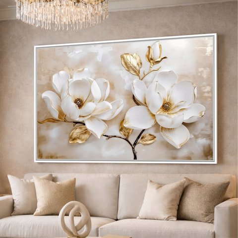 Quadro Decorativo Floral Magnólias Luxo Douradas e Branco 123x83cm