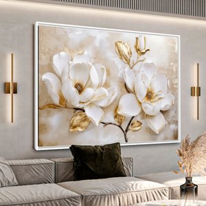 Quadro Luxo Floral Magnólias Douradas e Branco 123x83cm