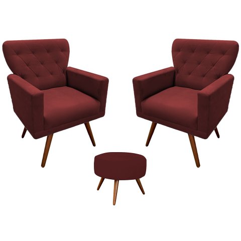 Kit 2 Poltronas Decorativa Aurora + 1 Puff Redondo Suede Marsala Pés Madeira Mz Decor