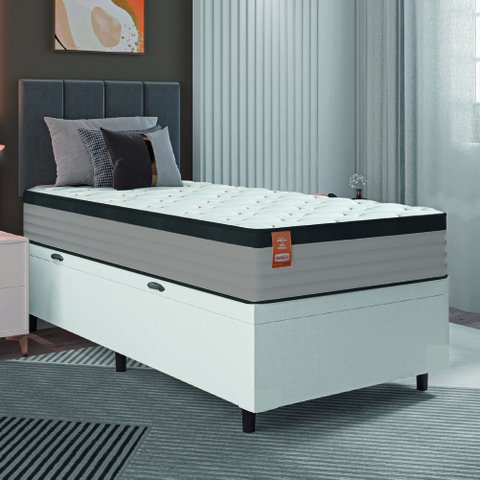 Cama Box Baú Colchão Solteiro Molas Ensacadas Real 88x188x68cm Linho Branco / Preto Inducol