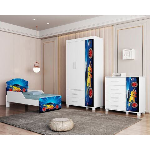 Quarto Infantil Completo Adesivado Cama-comoda-guarda Roupas:carro Azul 75