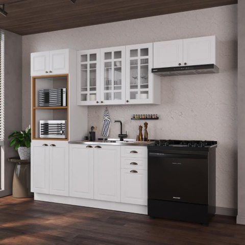 Cozinha Compacta Modulada Nara 12 Portas 2 Gavetas MDF Branco Fidelita Móveis