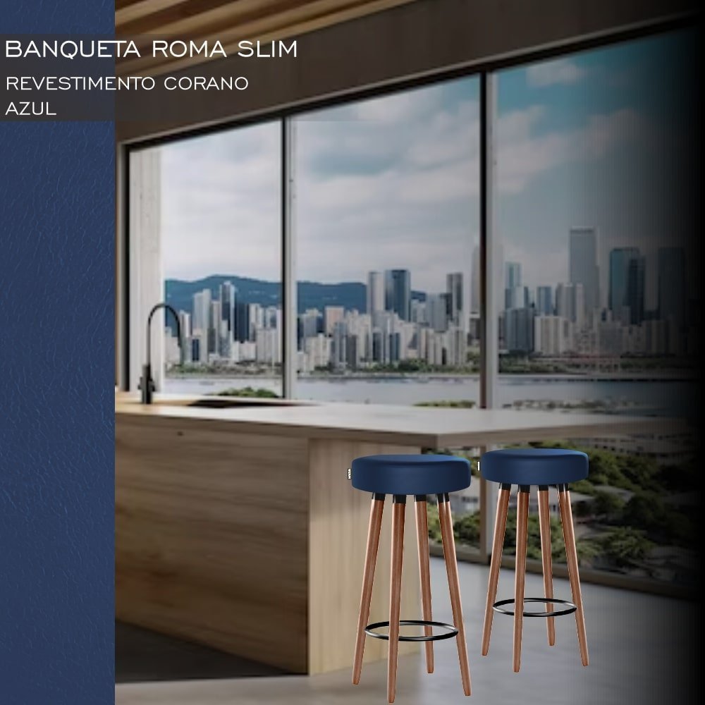 3 Bancos Banquetas Roma Slim Redonda Alta 70cm Azul Egmobile