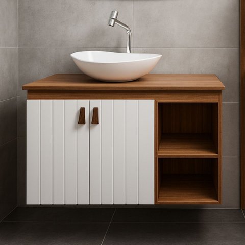 Gabinete de Banheiro 2 Porta MDF Espelho 60cm Cuba Suspenso:Madeirado/Branco