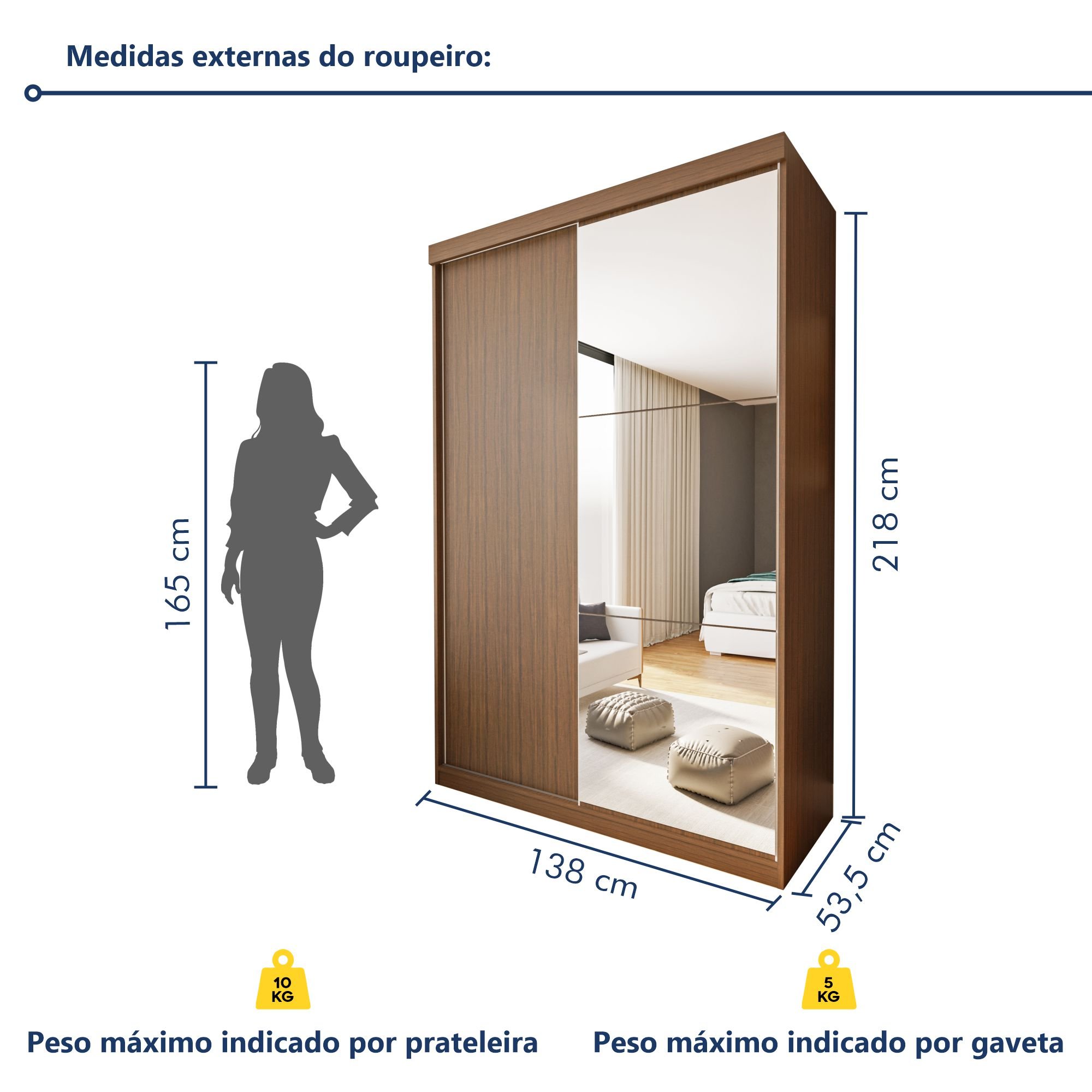  Guarda Roupa Solteiro Premium Cléo 138cm com Espelho 2 Portas 2 Gavetas Espresso Móveis     - 9