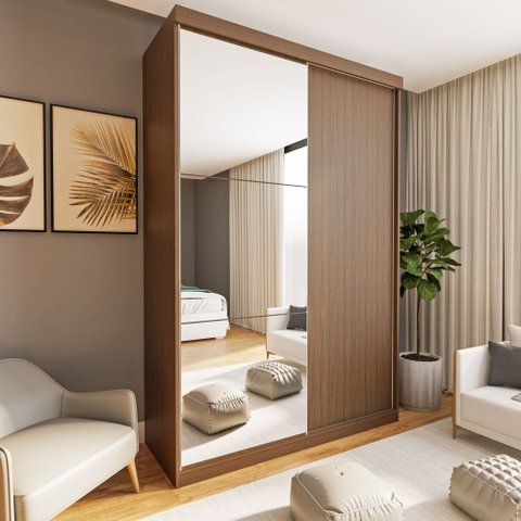 Guarda Roupa Solteiro Premium Cléo 138cm com Espelho 2 Portas 2 Gavetas Yescasa