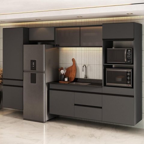 Cozinha Completa Milano 9 Portas 1 Gaveta MDP-MDF 313cm Grafite e Preto Multimóveis