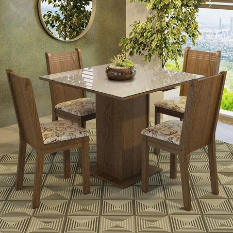 Conjunto Sala de Jantar Mesa Tampo de Vidro 4 Cadeiras Rustic/crema/lírio Bege Perla Madesa