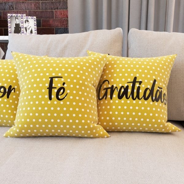 Capas de Almofadas Decorativas Amarelas com Frases Família, Amor, Fé e Gratidão 40x40 - Novadecora - 4
