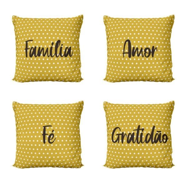 Capas de Almofadas Decorativas Amarelas com Frases Família, Amor, Fé e Gratidão 40x40 - Novadecora