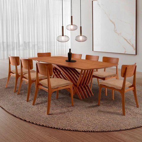 Conjunto de Jantar Venus 8 Lugares Tampo MDF Cadeiras Viena Gold Estofadas Imbuia 220cm Moderna