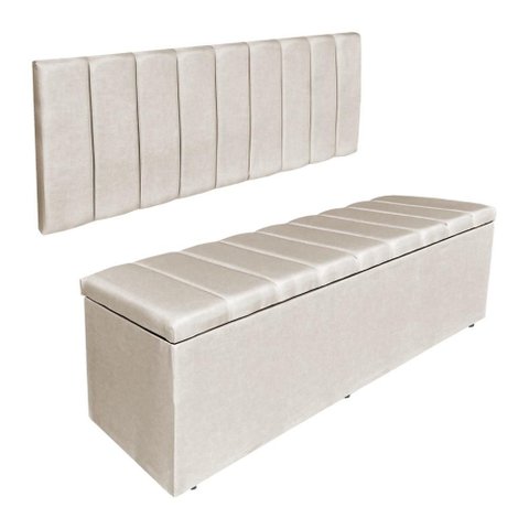 Kit Cabeceira Painel e Calçadeira Recamier Baú Casal 1,40m Holanda Suede Bege - Pallazio