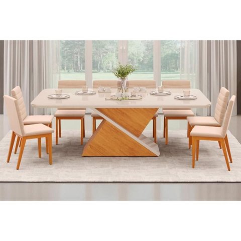 Conjunto: Mesa Sala Jantar Zafira Tampo Madeirado C/ Vidro Curvo 200x100cm e 8 Cadeiras Sofia Cedro/