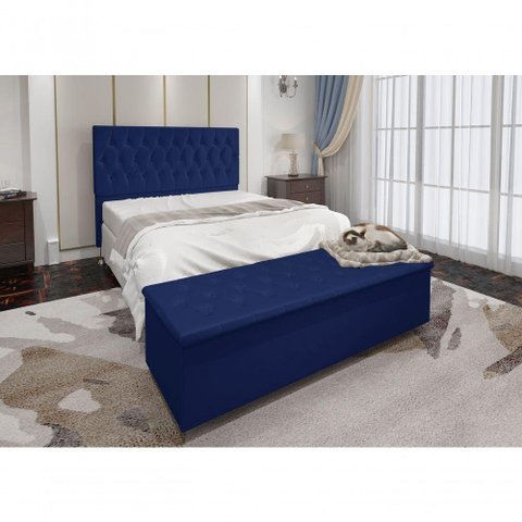 Cabeceira Casal E Recamier Baú 1,40m Madrid Suede Azul