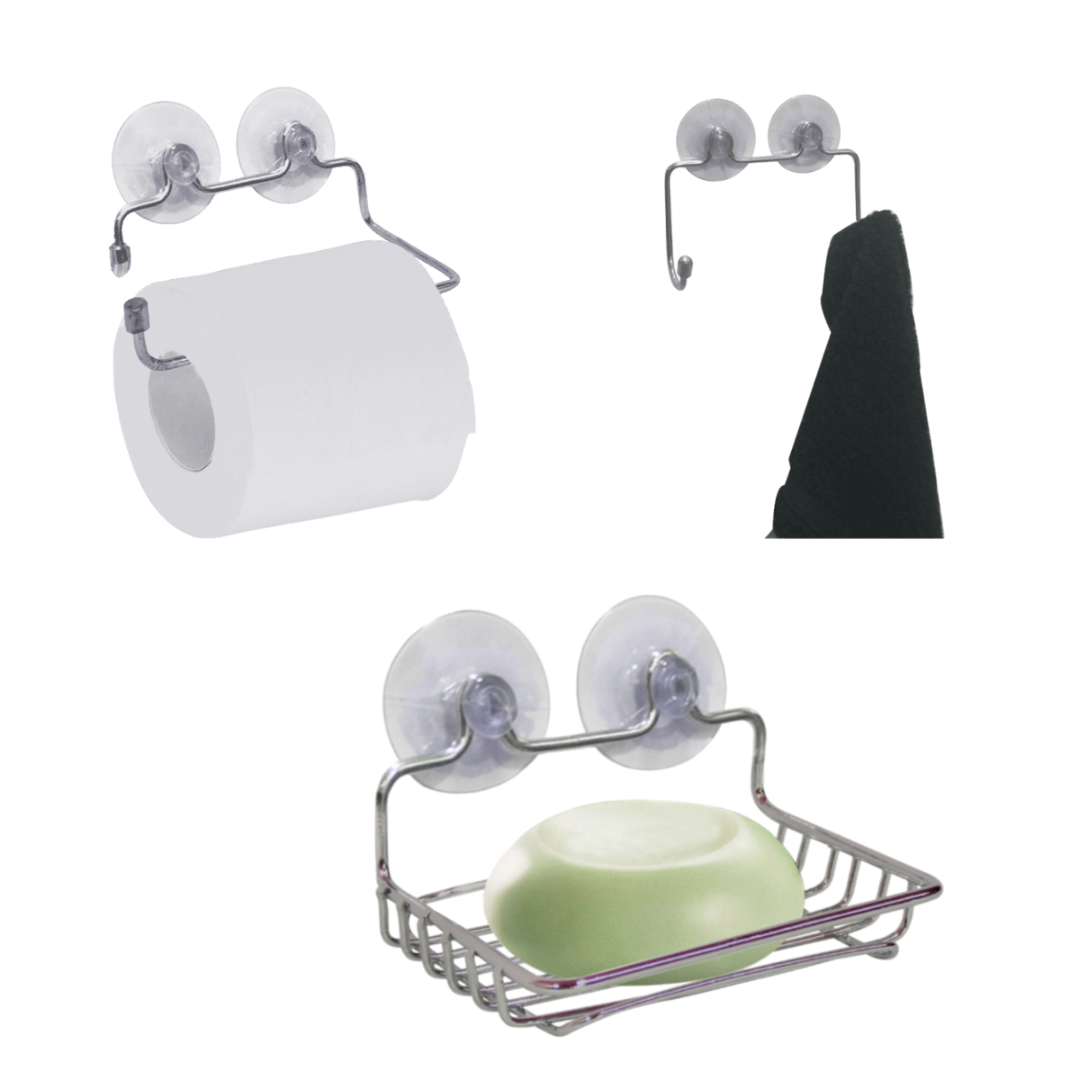 Kit Acessórios para Banheiro com Ventosa Cromado Saboneteira, Suporte Papel Higiênico, Cabide Excele - 1