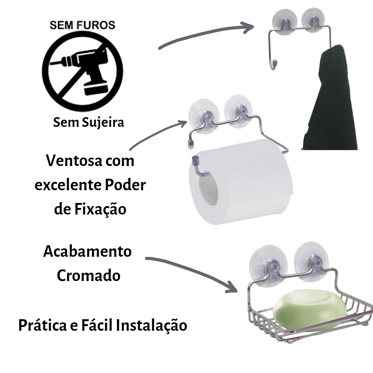 Kit Acessórios para Banheiro com Ventosa Cromado Saboneteira, Suporte Papel Higiênico, Cabide Excele - 2