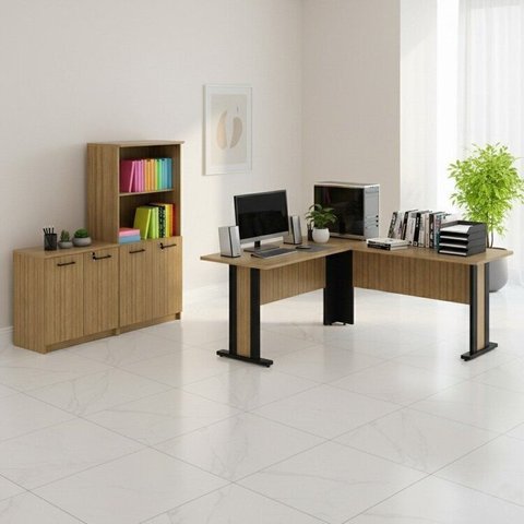 Conjunto Escritório 3 Peças 1 Armário com Portas 1 Balcão com 2 e 1 Mesa em L Espresso Móveis Amêndoa Preto Marrom
