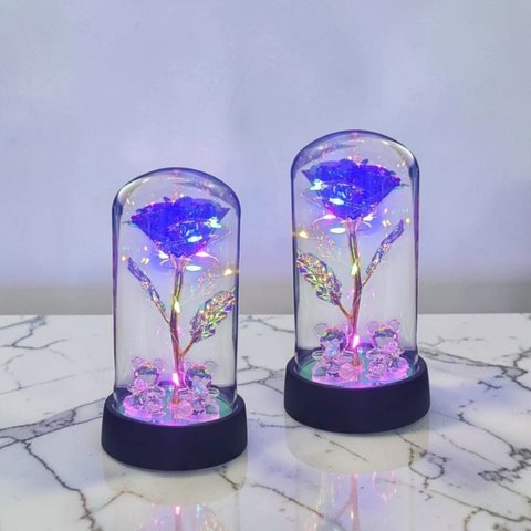 Kit 2 Rosa Metalizada Ursinho na Cúpula Led Luminária Redoma