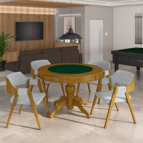 Conjunto Mesa de Jogos Carteado Bellagio Tampo Reversível Verde e 4 Cadeiras Madeira Poker Base Estr