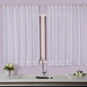 Cortina para Cozinha 2,70mx1,20m com Ilhós para Varão com Voil e Forro Pérola Branco