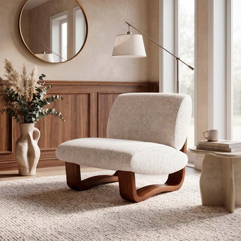 Poltrona Lusso Estofada Design Moderno Estrutura Madeira Cor Castanho Tecido Boucle