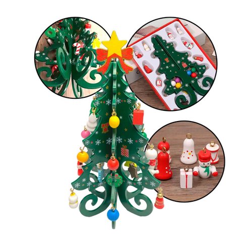Mini Árvore de Natal de Madeira Verde 20cm com 23 Enfeites e Laço