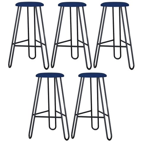 Kit 05 Banquetas Baixa Bar Cozinha Sala de Jantar Áris C01 Preto Linho Azul Jeans - Lyam Decor