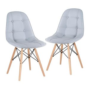 Kit 2 Cadeiras Eames Eiffel Botonê - Cinza Claro - Base de Madeira Clara