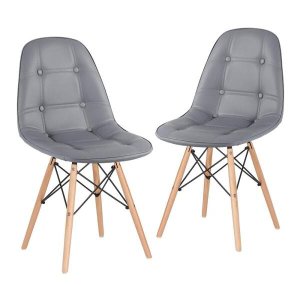 Kit 2 Cadeiras Eames Eiffel Botonê - Cinza Escuro - Base de Madeira Clara