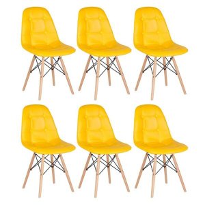 Kit 6 Cadeiras Eames Eiffel Botonê - Amarelo - Base de Madeira Clara