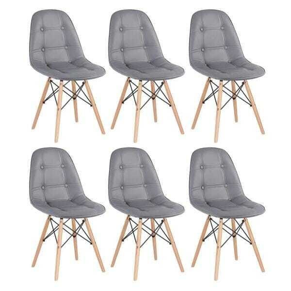 Kit 6 Cadeiras Eames Eiffel Botonê - Cinza Escuro - Base de Madeira Clara