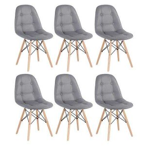 Kit 6 Cadeiras Eames Eiffel Botonê - Cinza Escuro - Base de Madeira Clara