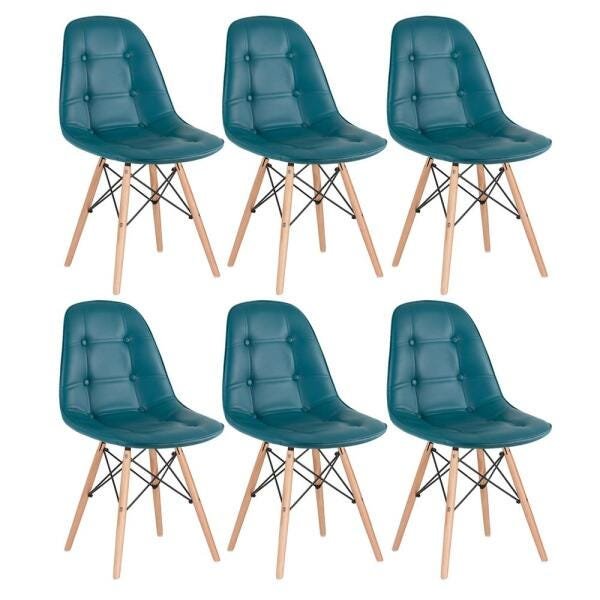 Kit 6 Cadeiras Eames Eiffel Botonê - Turquesa - Base de Madeira Clara