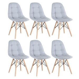 Kit 6 Cadeiras Eames Eiffel Botonê - Cinza Claro - Base de Madeira Clara