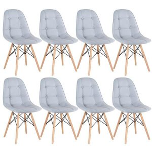 Kit 8 Cadeiras Eames Eiffel Botonê - Cinza Claro - Base de Madeira Clara