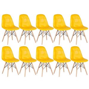 Kit 10 Cadeiras Eames Eiffel Botonê - Amarelo - Base de Madeira Clara