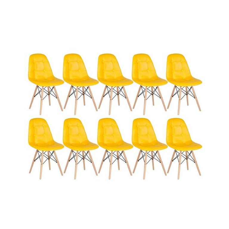 Kit 10 Cadeiras Eames Eiffel Botonê - Amarelo - Base de Madeira Clara Kit 10 Cadeiras Eames Eiffel Botonê - Amarelo - Base de Madeira Clara