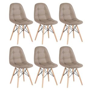 Kit 6 Cadeiras Eames Eiffel Botonê - Nude - Base de Madeira Clara